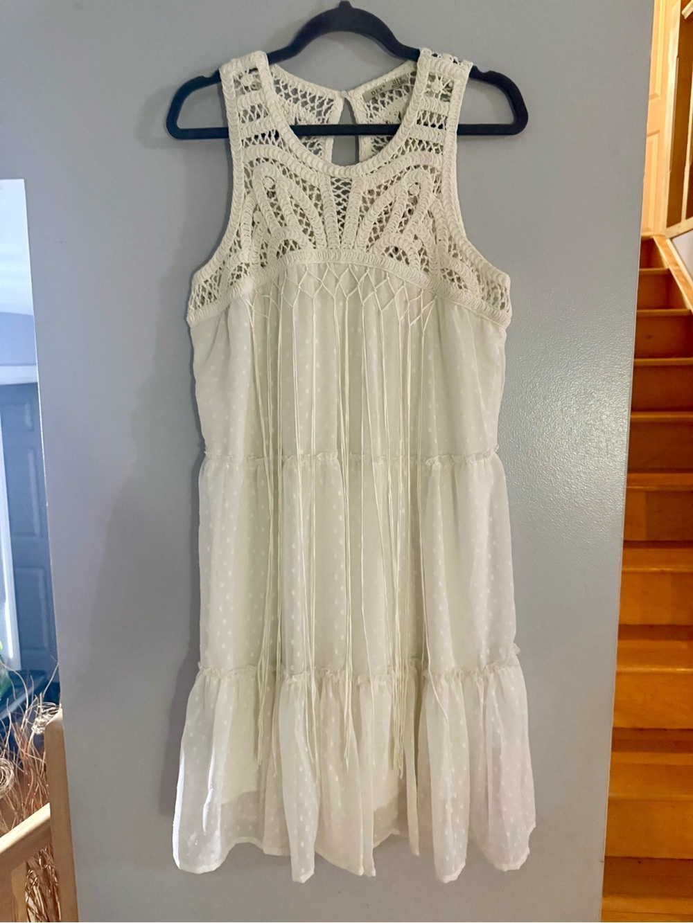 DEX Clothing White Boho Crochet Macrame Fringe Tiered Mini Dress Festival M